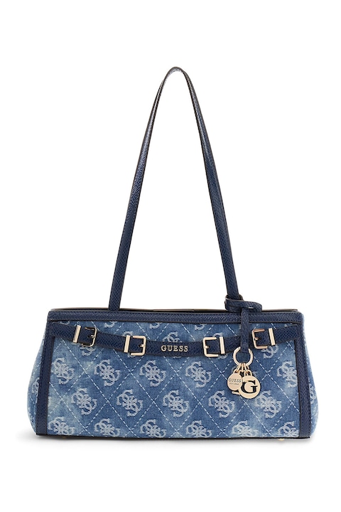 GUESS, Geanta din denim cu maner si model monograma Dovie, Albastru