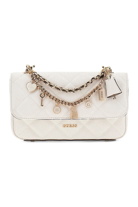 GUESS, Geanta cu maner si pandantive Libby, Alb murdar
