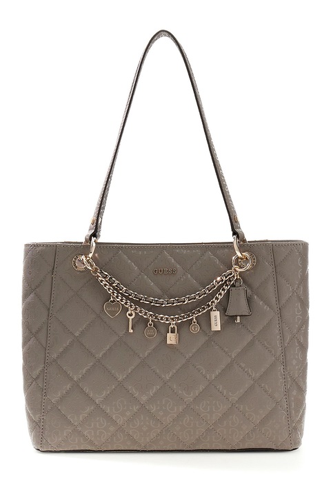 GUESS, Libby shopper fazonú táska medálokkal díszítve, Tópbarna
