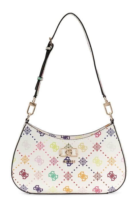 GUESS, Geanta cu bareta de umar si model Emelie, Alb, Albastru, Roz
