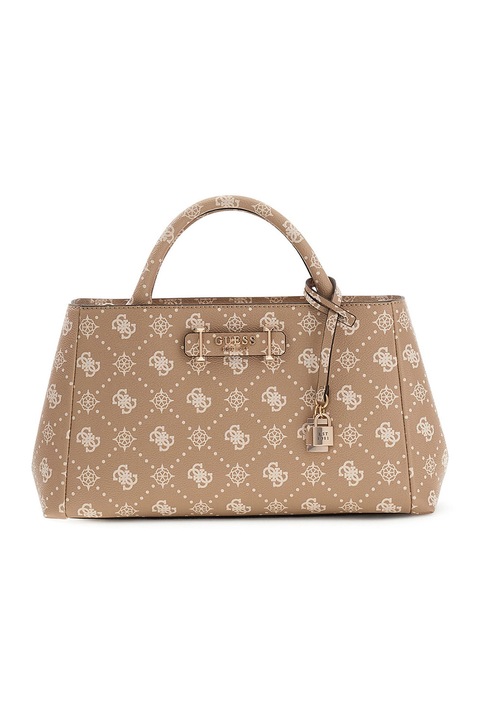 GUESS, Carrie shopper fazonú műbőr táska logómintával, Tevebarna