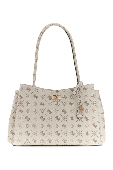 GUESS, Geanta shopper din piele ecologica cu model logo si accesoriu detasabil Emelie, Alb murdar