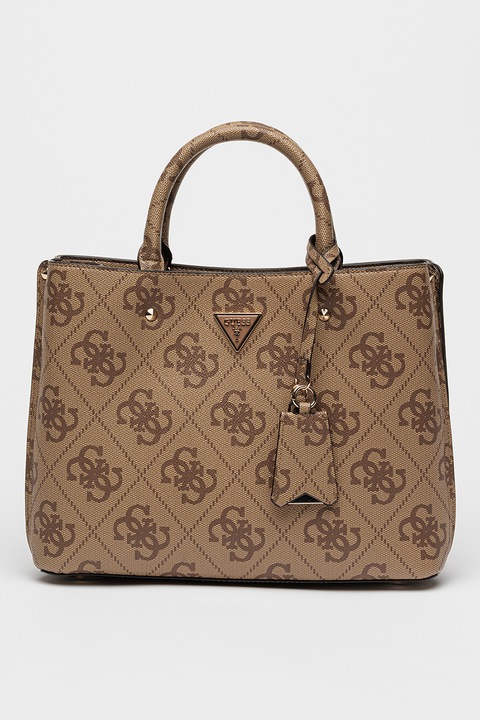 GUESS, Geanta shopper cu fermoar si model monograma Meridian, Maro camel