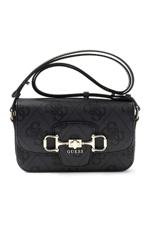 GUESS, Geanta crossbody din piele ecologica cu model monograma Janie, Negru