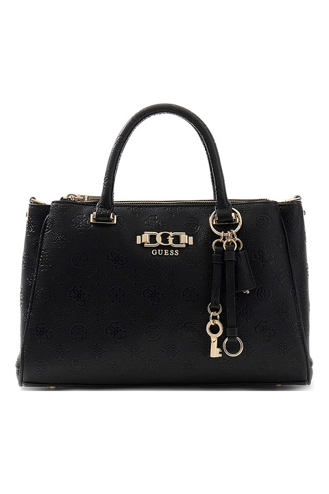 GUESS, Geanta din piele ecologica cu bareta de umar si monograma Anise, Negru