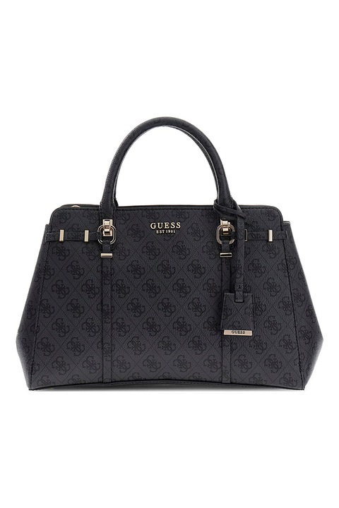 GUESS, Geanta de piele ecologica cu bareta de umar si model monograma Leona, Gri antracit