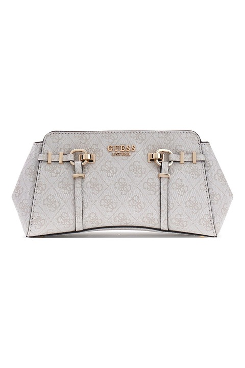 GUESS, Geanta de umar cu model monograma si bareta detasabila Leona, Gri deschis