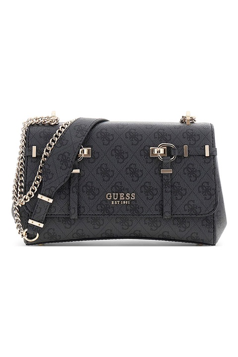 GUESS, Geanta crossbody cu clapa, model monograma si bareta din lant Leona, Gri antracit