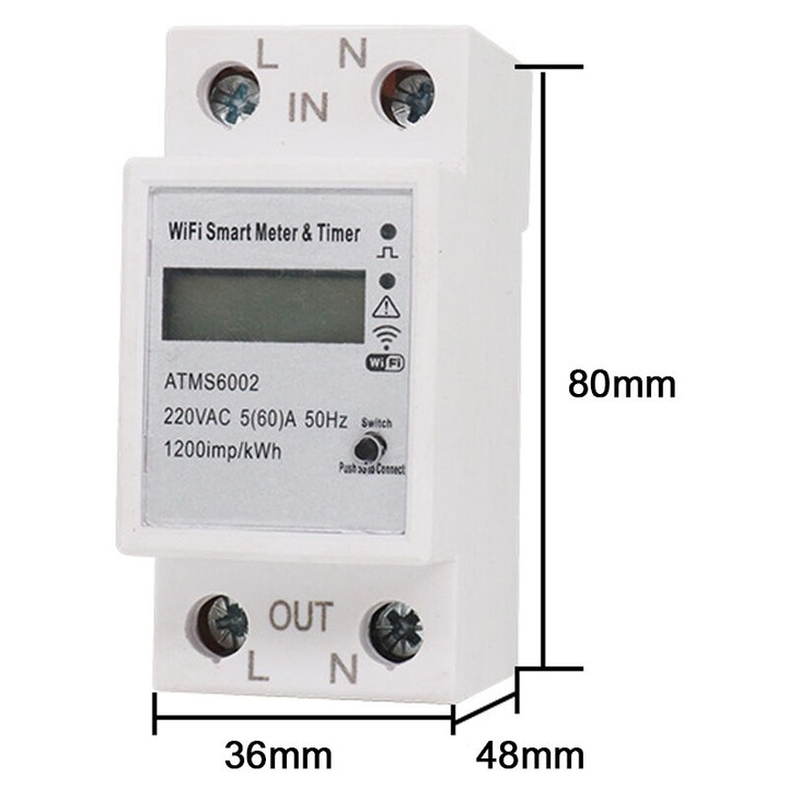 Contor electric inteligent WiFi Tuya, control prin aplicatie, 100-240VAC, 5A, 2.4GHz