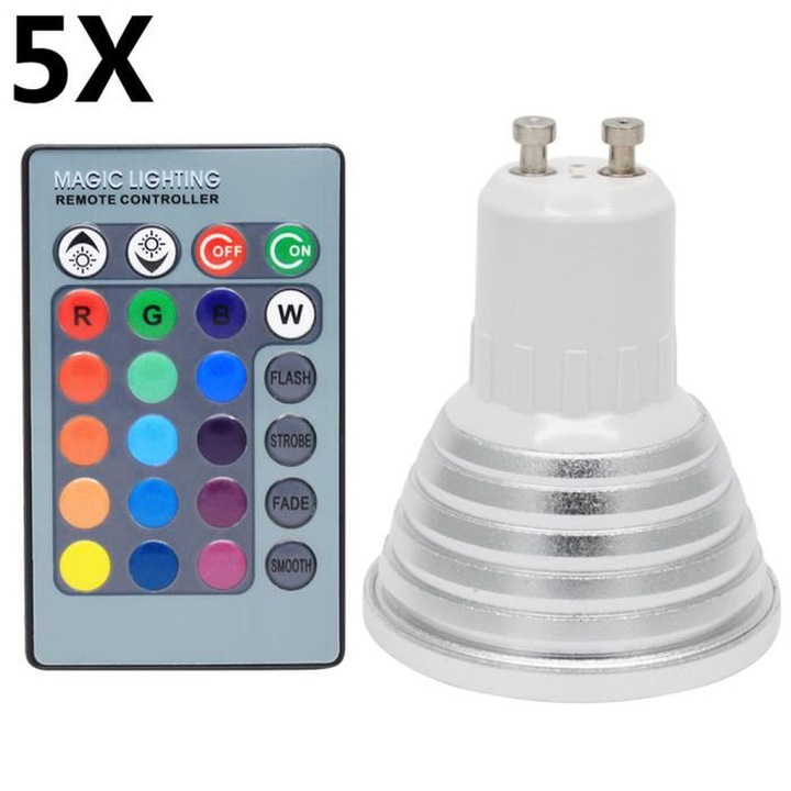 Set de 5 becuri GU10 RGB 3W, dimabile, 45°, multicolor, 50x60mm
