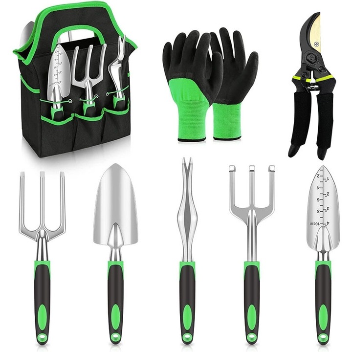 8 részes kerti szerszámkészlet, kézi lapáttal, ültetőlapáttal és gereblyével, ergonomikus gumírozott nyéllel, többszínű