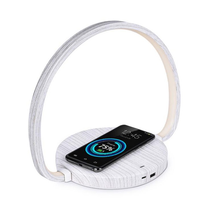 Veioza birou rotativa cu 3 niveluri de luminozitate, incarcare wireless pentru telefon, design modern, alb, dimensiuni 30x45cm