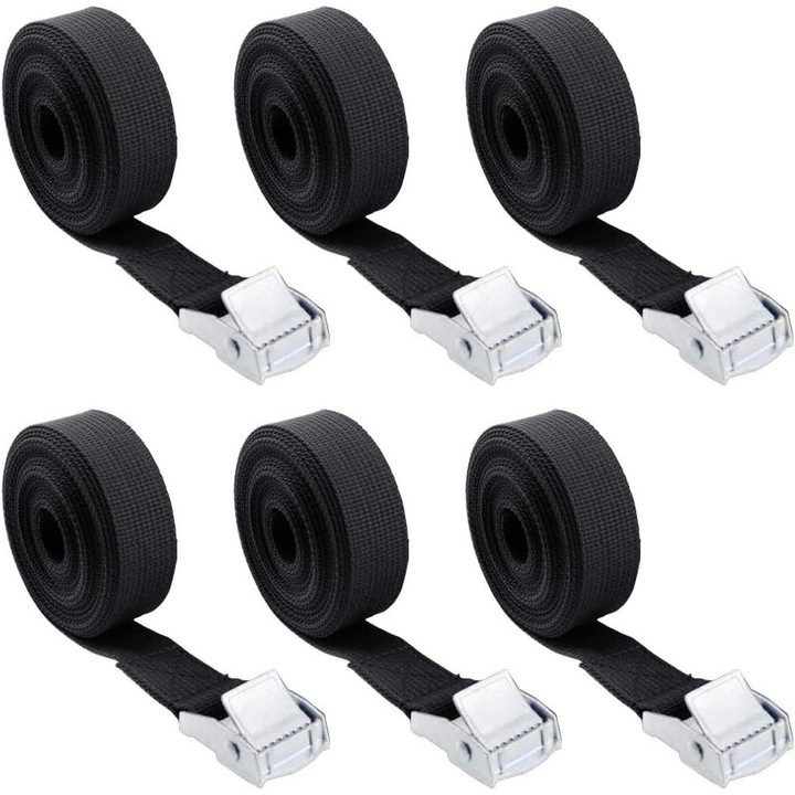 Set 6 curele de prindere, 250 kg, 2.5 cm x 5 m, negru