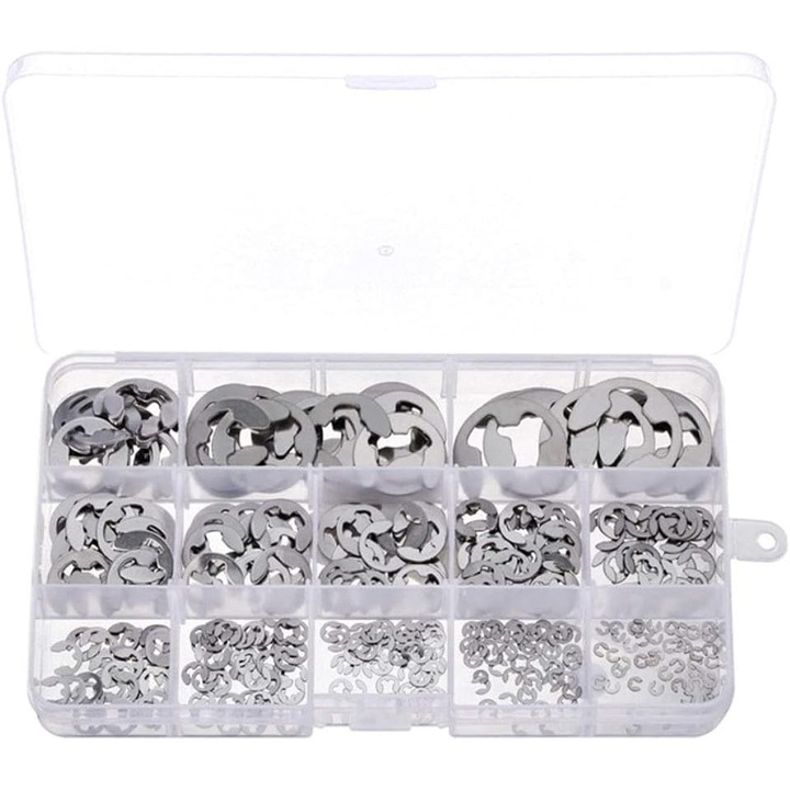 Set 400 inele de siguranta tip E, inox, argintiu, 13 dimensiuni