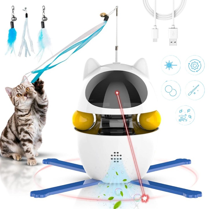 Jucarie interactiva electrica pentru pisici, Bedee, 3 in 1, Rotire 360° cu Pene si Clopotel, Moduri de Viteza Reglabila, Jucarie cu Laser, Reincarcare USB, Atrage Atentia, Stimuleaza Instinctul Natural, Potrivita pentru Joaca si Stimulare, Alb