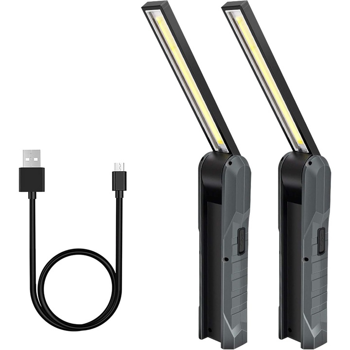 Lampa de lucru LED reincarcabila, set de 2, design pliabil, baza magnetica, pentru reparatii auto, camping, gri