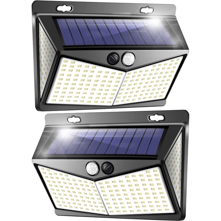 Set 2 x lampa solara LED pentru exterior cu senzor de miscare, 208 LED-uri, IP65