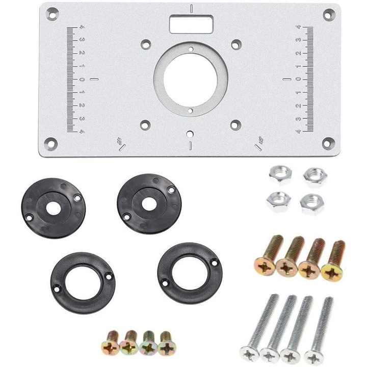 Placa de insertie pentru masa de frezare din aliaj de aluminiu, 235x120x8mm, cu 4 inele de insertie, pentru prelucrarea lemnului