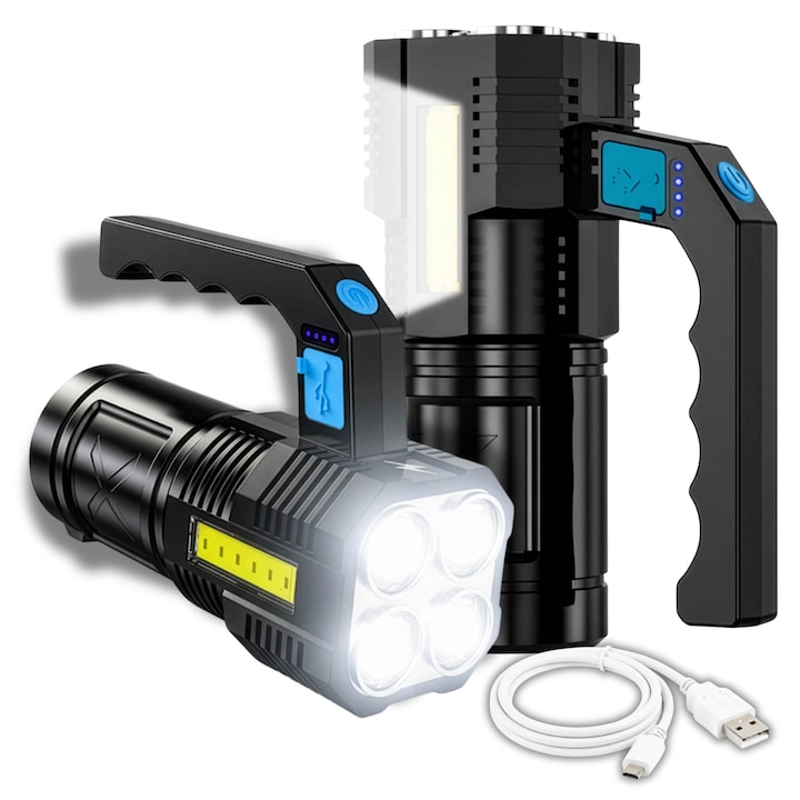 Lanterna Portabila GALAXIA® LED 422 lm, 4× T6 + COB, Waterproof, USB, 4 Moduri, Raza 200 m, Outdoor & Camping, Negru