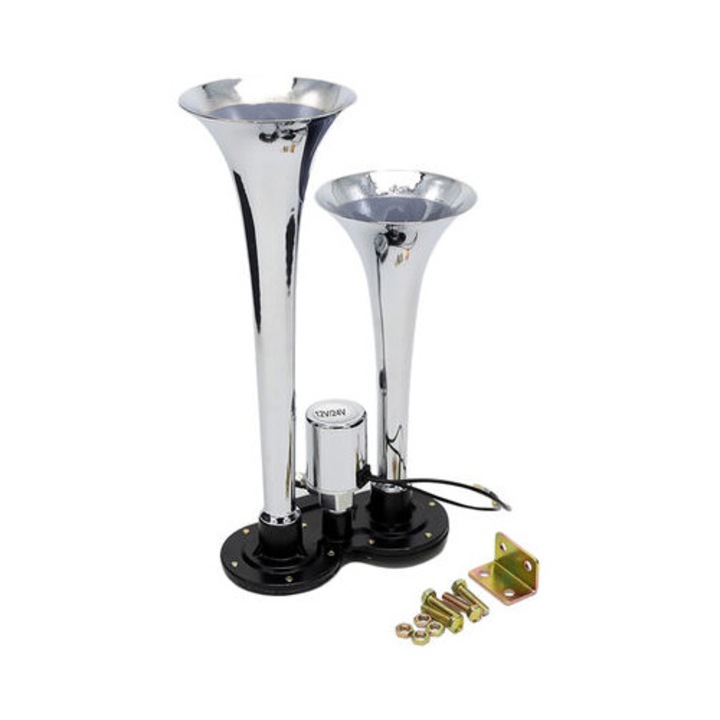 Dupla kürt 150dB, krómozott, 12V/24V, teherautó szett, méretei 31x11x10cm
