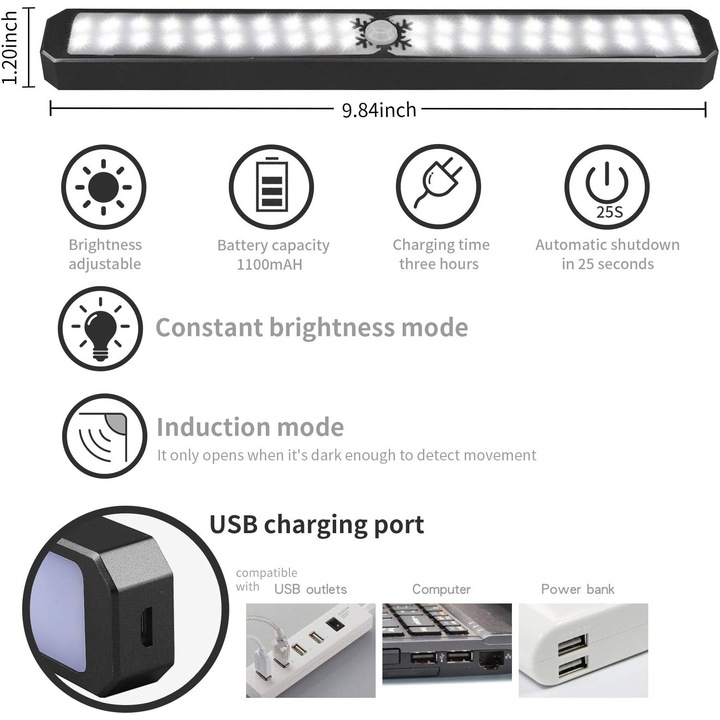 Banda LED sub dulap cu senzor de miscare, reincarcabil USB, 3 culori, design elegant, 36 LED-uri