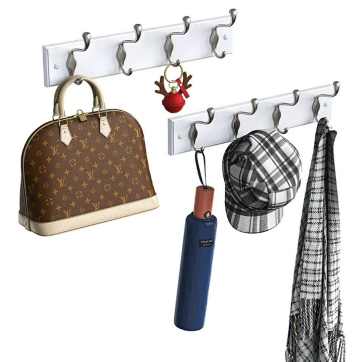 Cuiere montate pe perete, Set de 2 cu 4 carlige, Alb