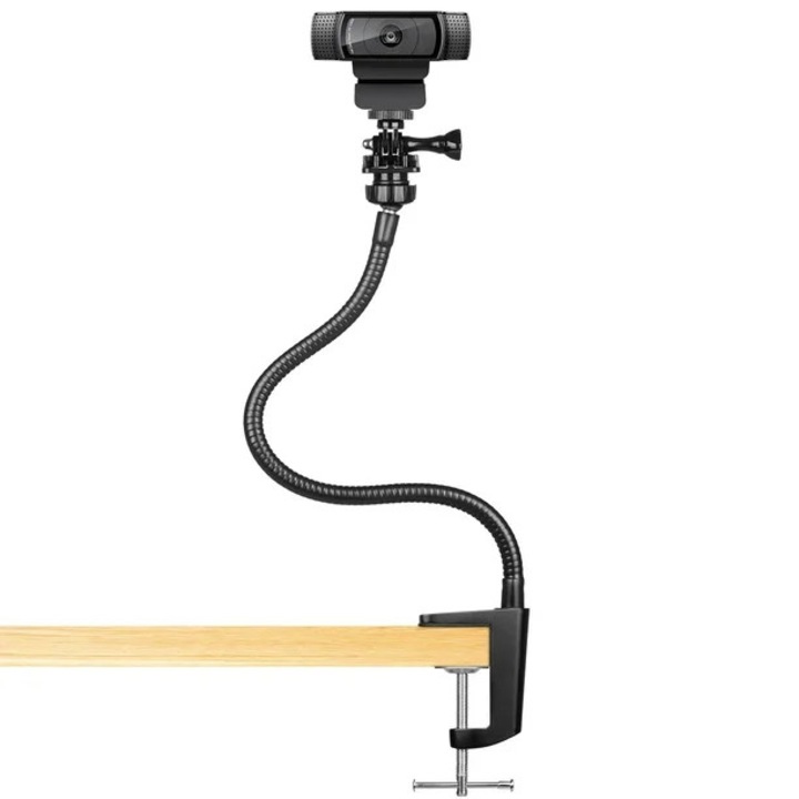 Suport webcam flexibil cu clema, lungime 38cm, rotire 360°, pentru birou