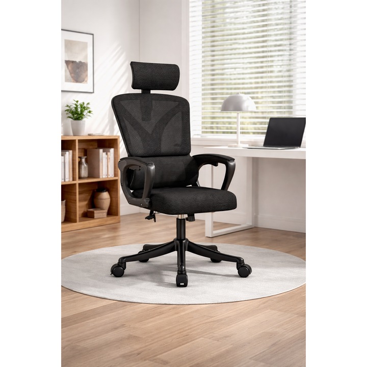 Scaun Ergonomic Reglabil pentru Birou si Gaming, Negru Dark, Tetiera 2D, Mecanism Syncron, Spatar Mesh pentru Confort Sporit