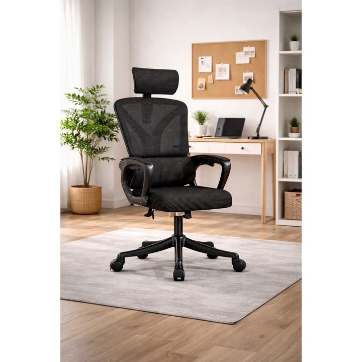 Ергономичен стол за офис и игри, RoHS, Черен тъмен, регулируема облегалка за глава 2D, дишаща мрежеста облегалка