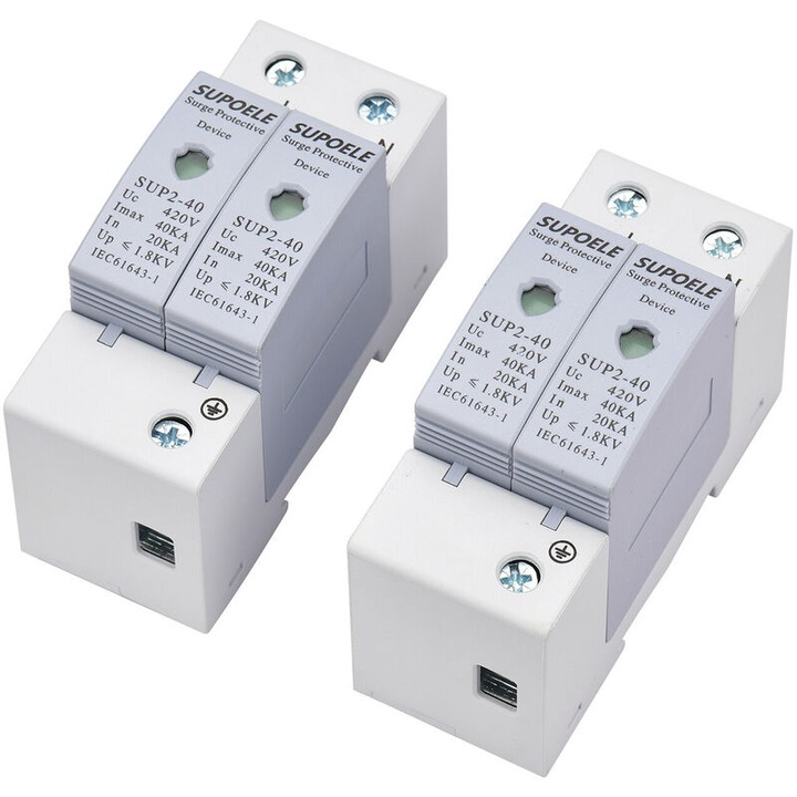 Dispozitiv de protectie impotriva supratensiunii 420V, 2P + 2P, montare pe sina DIN, plastic gri, dimensiuni 35x65x90mm