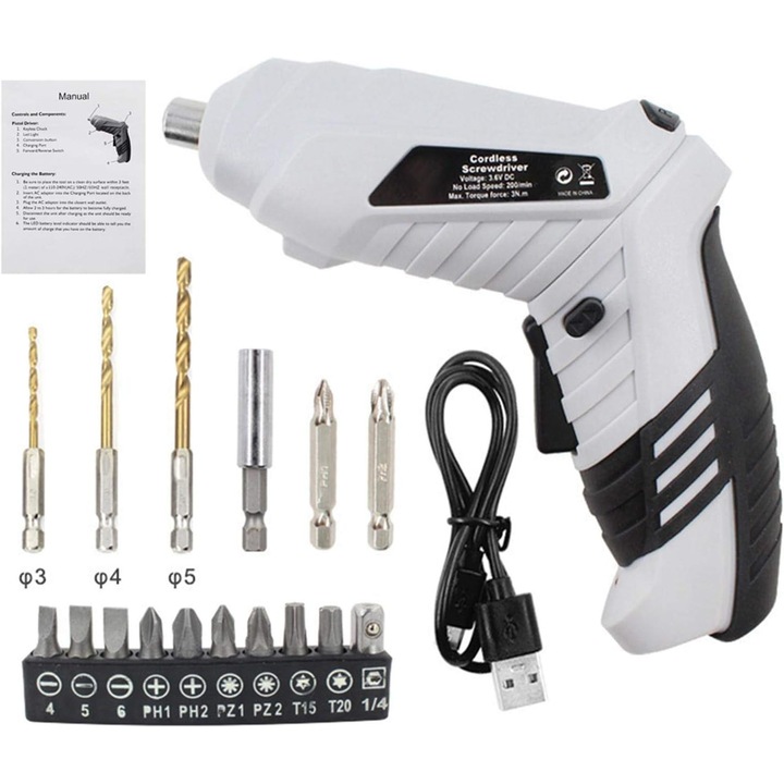 Surubelnita electrica mini fara fir, cu LED, 3 burghie, 12 capete de surubelnita, gri, 22x6x4cm