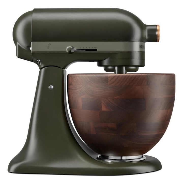 Планетарен миксер KitchenAid Artisan Evergreen 5KSM180WSEEG, 300W, 4.7 л, Direct drive, 10 скорости, Накланяща се глава, Купа от орехово дърво, Тъмнозелен/кафяв