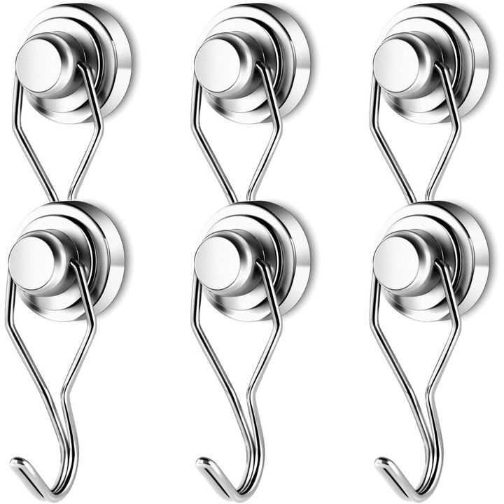 Set de 6 carlige magnetice rezistente, 6.3 cm, argintii