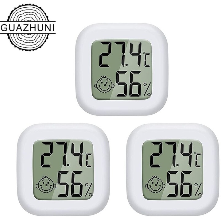Set de 3 Termometre Hygrometre Digitale LCD, masurare temperatura -50~+70°C, umiditate 10%~99%, alb, 4.4x4.4x1.3cm