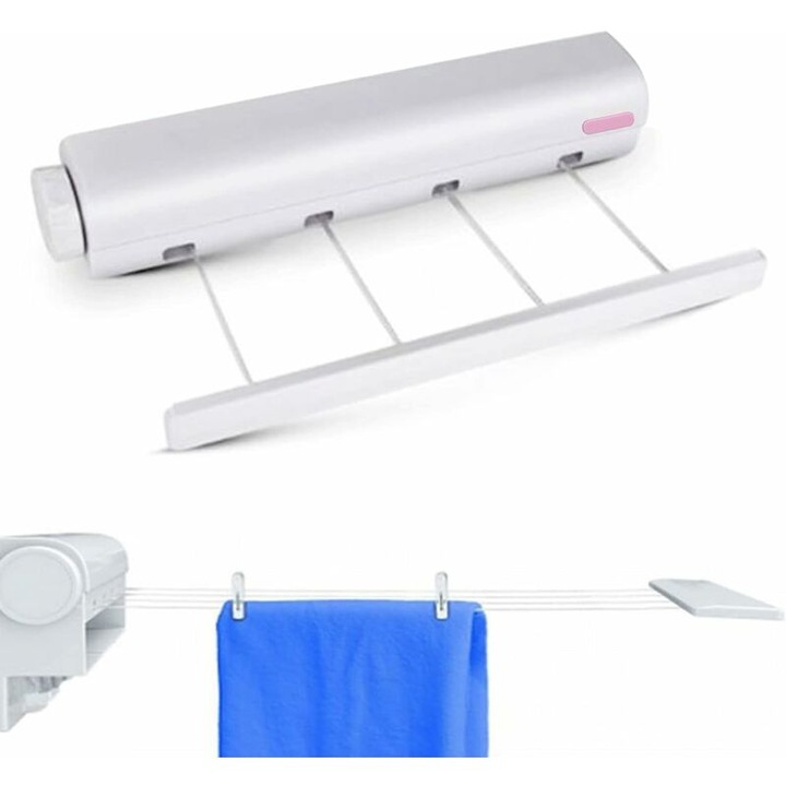 Fali ruhaszárító, kihúzható, 4 zsinór x 3,2 m, fehér, 29,4x6,3x6 cm