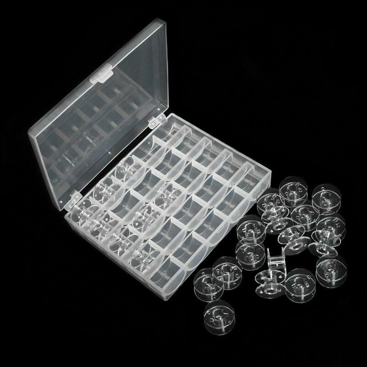 Átlátszó varrógép bobina készlet tárolódobozzal, 25 db, 10mm x 20mm, műanyag