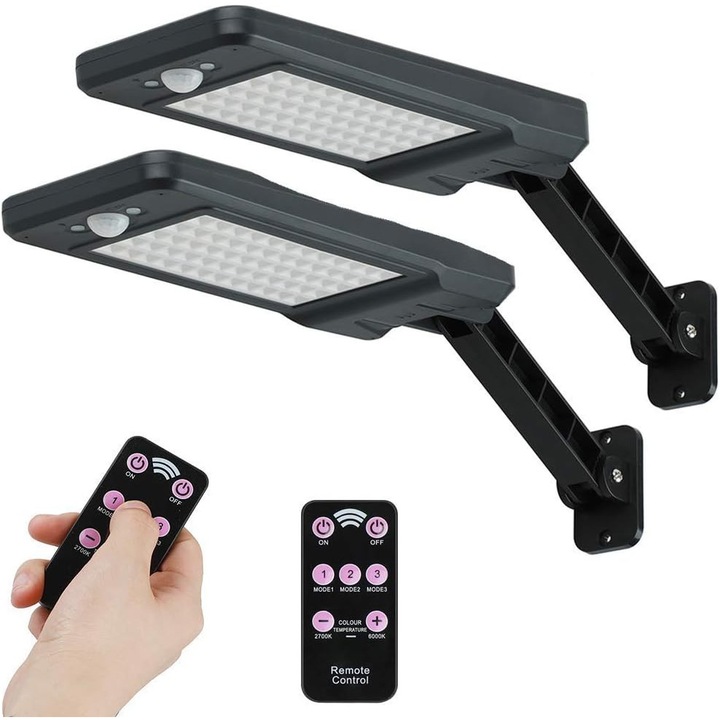 Set 2 Lampi Solare 60 LED 7W cu Bracket Reglabil, Control de la Distanta, 3 Moduri, IP65, Exterior