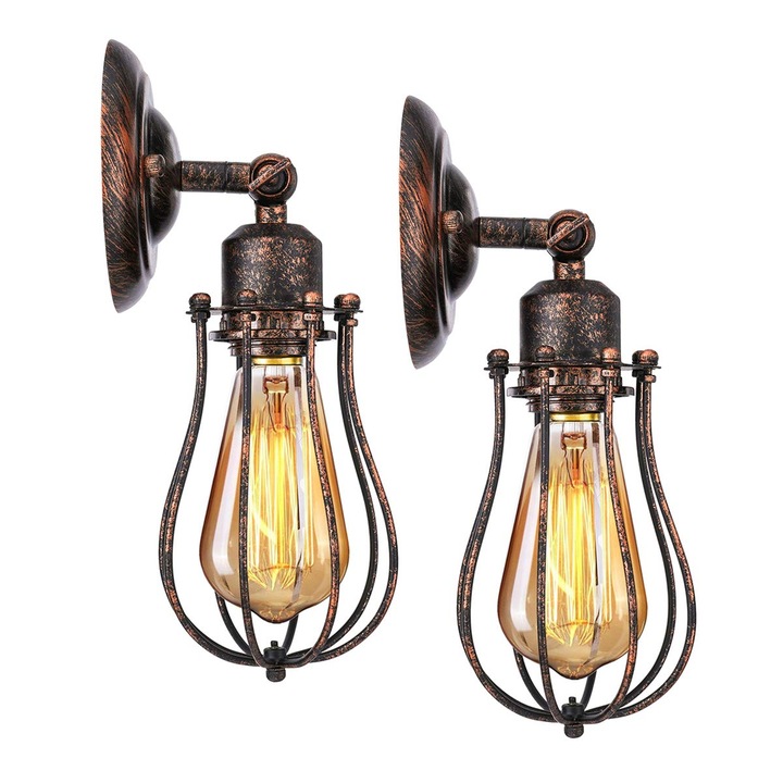 Set 2 Aplice Industriale E27, Design Retro, Metal, 60W max, 240°