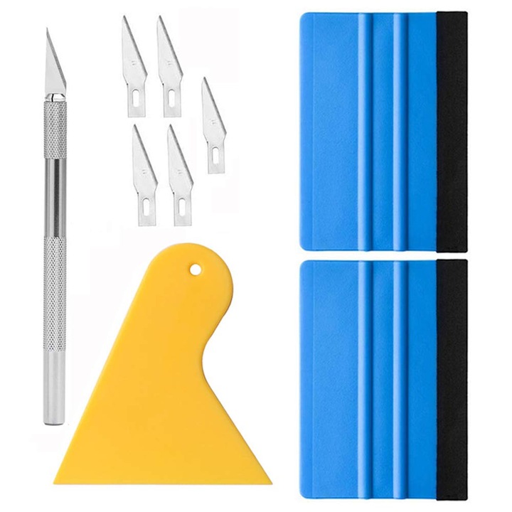 Set unelte profesionale pentru aplicarea foliei de fereastra, 2 raclete din fetru, 1 cutter de precizie, 5 lame de schimb, 14.5cm, 10x7cm