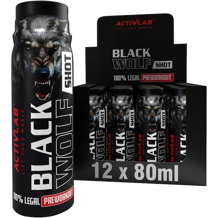 Supliment alimentar ActivLab Black Wolf Shot, set 12 x 80 ml, cofeină și beta-alanină, aromă Fructe de Pădure
