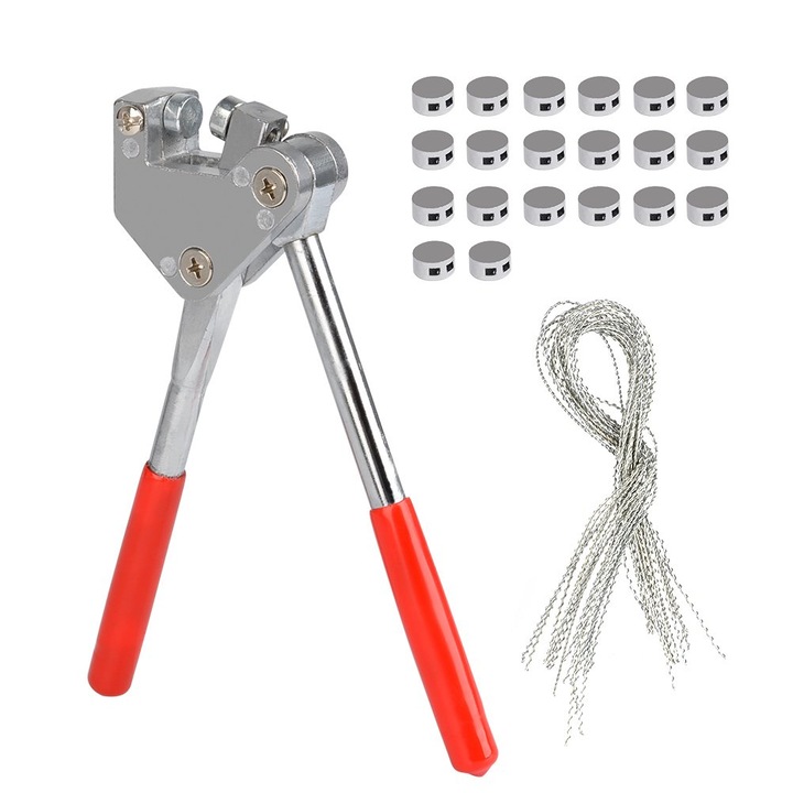 Cleste de etansare set, 1x cleste de etansare, 20x greutati, 20x sarme, maner plastic rosu, 19x7x3cm