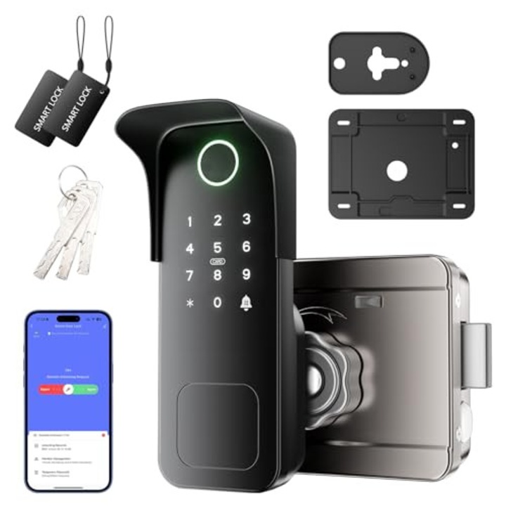 Incuietoare inteligenta pentru poarta, WALALLA, Deschidere 5 in 1 cu Amprenta, Card, Cod, APP si Cheie, Control Prin Tuya APP, IP65, Cod Secret Anti-Privire, Inchidere Automata, pentru Exterior