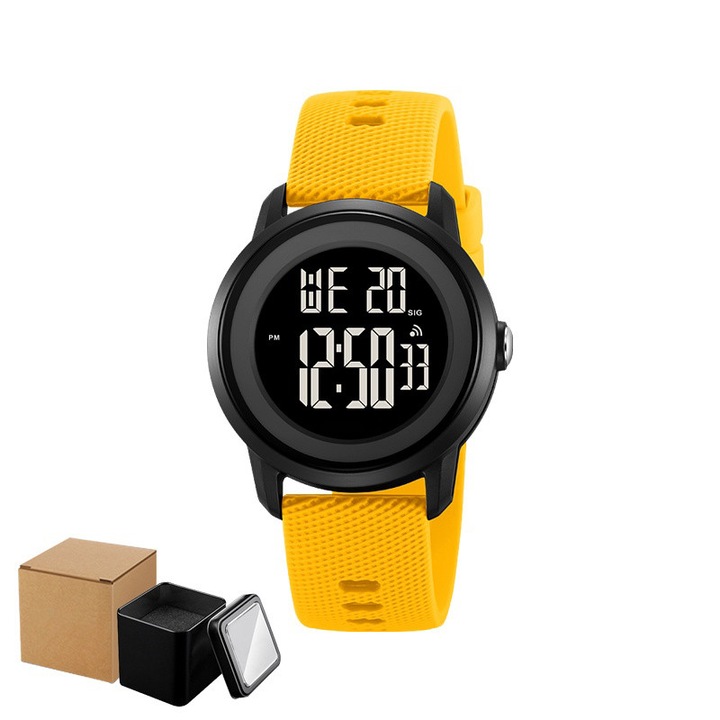 Ceas Digital pentru Copii, AjieQaQ®, 50mRezistent la Apa, Curea silicon moale, Pentru Uz Zilnic si Sportiv, Design minimalistm, Cu Functii de Cronometru, iluminare EL, Alarma, si Calendar, Ceas in cutie cadou, cu ambalaj protectiv extern, Galben