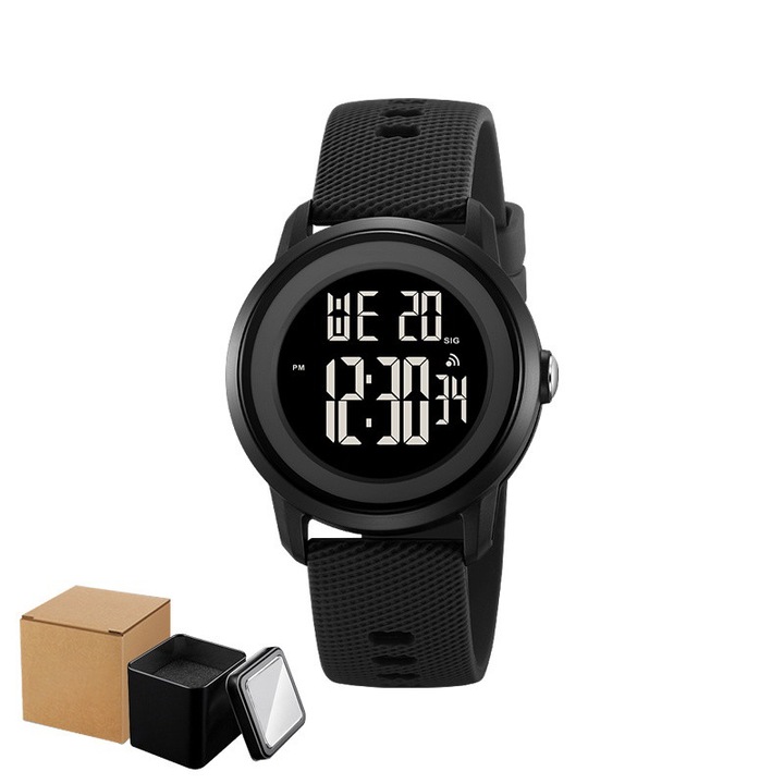 Ceas Digital pentru Copii, AjieQaQ®, 50mRezistent la Apa, Curea silicon moale, Pentru Uz Zilnic si Sportiv, Design minimalistm, Cu Functii de Cronometru, iluminare EL, Alarma, si Calendar, Ceas in cutie cadou, cu ambalaj protectiv extern, Negru