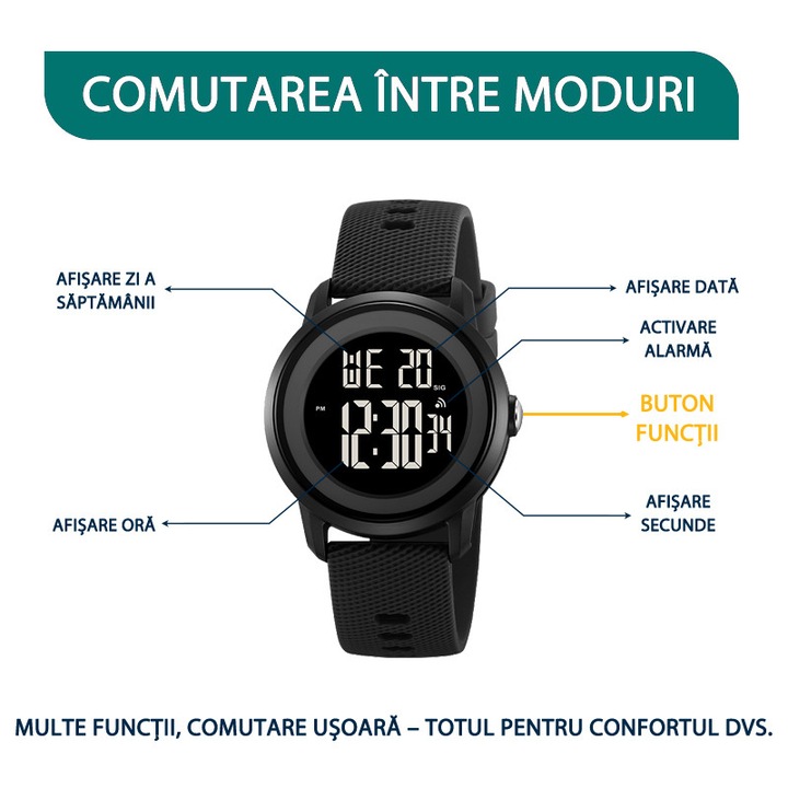 Ceas Digital pentru Copii, AjieQaQ®, 50mRezistent la Apa, Curea silicon moale, Pentru Uz Zilnic si Sportiv, Design minimalistm, Cu Functii de Cronometru, iluminare EL, Alarma, si Calendar, Ceas in cutie cadou, cu ambalaj protectiv extern, Negru