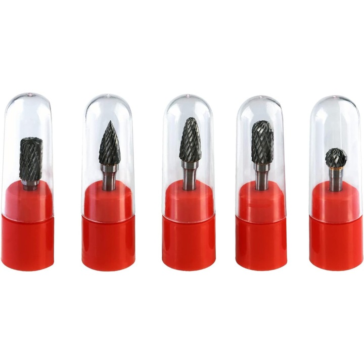 Set de 5 freze din carbura de tungsten, 6mm stift, 10mm cap, pentru gravare pe metal si lemn