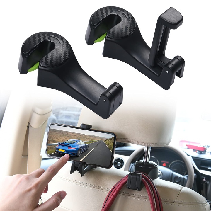 Set de 2 suporturi auto multifunctionale, pentru telefon, carlig rotativ 90°, negru