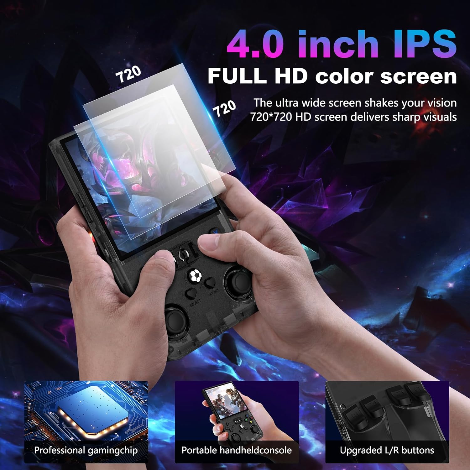 Consola Video Portabila R36 MAX Oricean, Ecran HD IPS de 4.0'' 720x720, 64G incorporat 18000+ jocuri, 4000mAh reincarcabil, Linux, Negru
