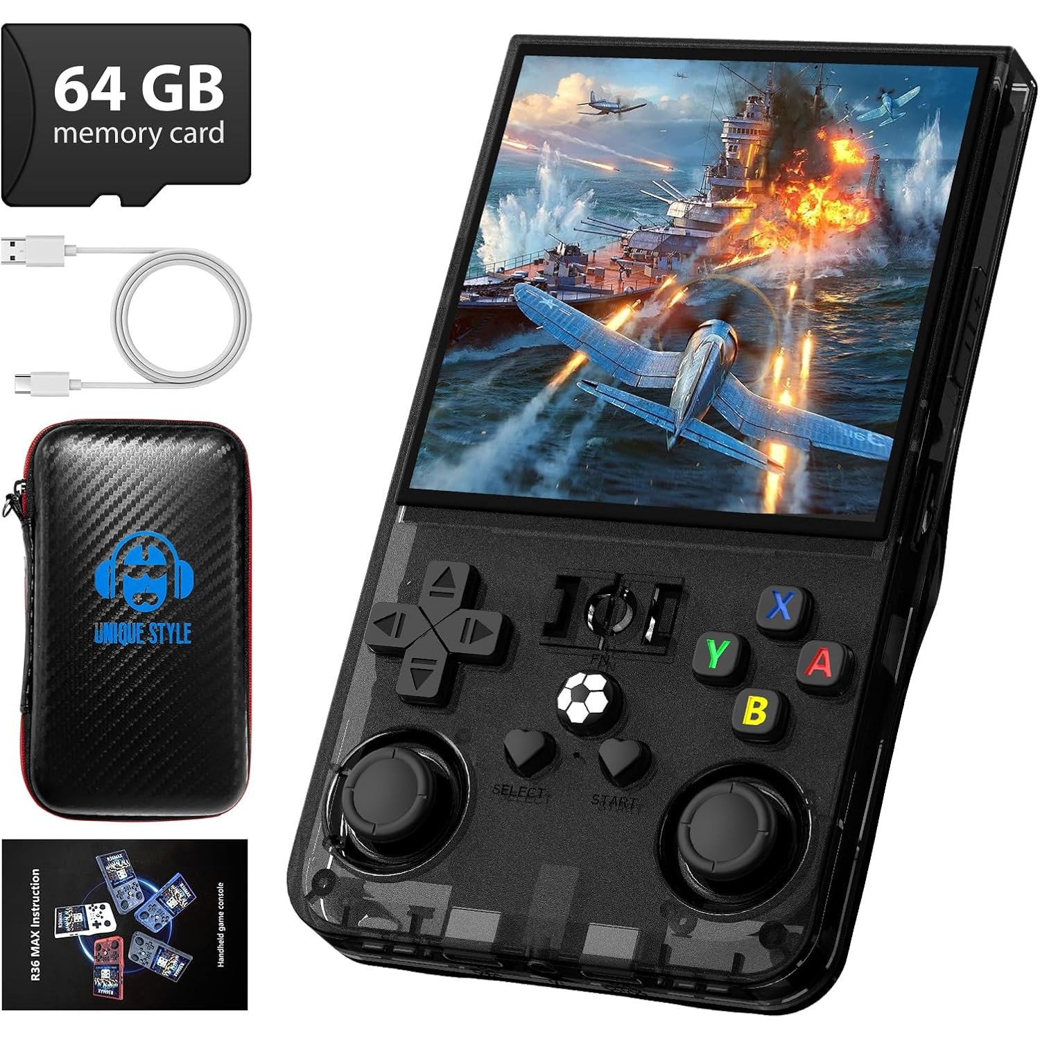 Consola Video Portabila R36 MAX Oricean, Ecran HD IPS de 4.0'' 720x720, 64G incorporat 18000+ jocuri, 4000mAh reincarcabil, Linux, Negru