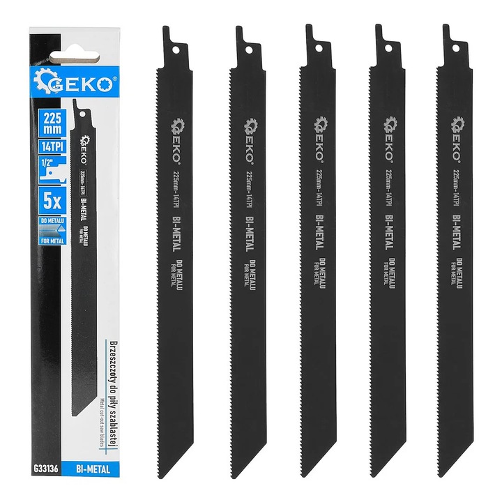 Bimetál fűrészlap készlet szablyafűrészhez, 14 TPI, 225 mm, 5 db, Geko G33136